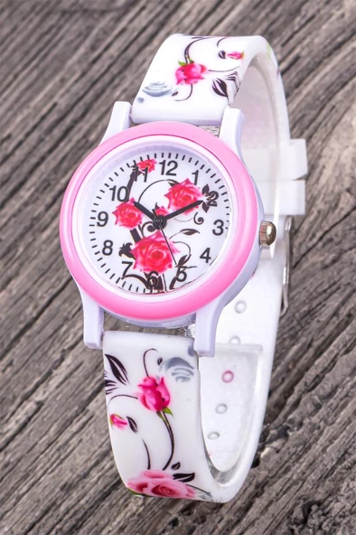 Pembe Gül Desenli Beyaz Renk 4-12 Yaş Rakamlı Çocuk Saati Hediyelik Saat ST-304333 ürün görseli