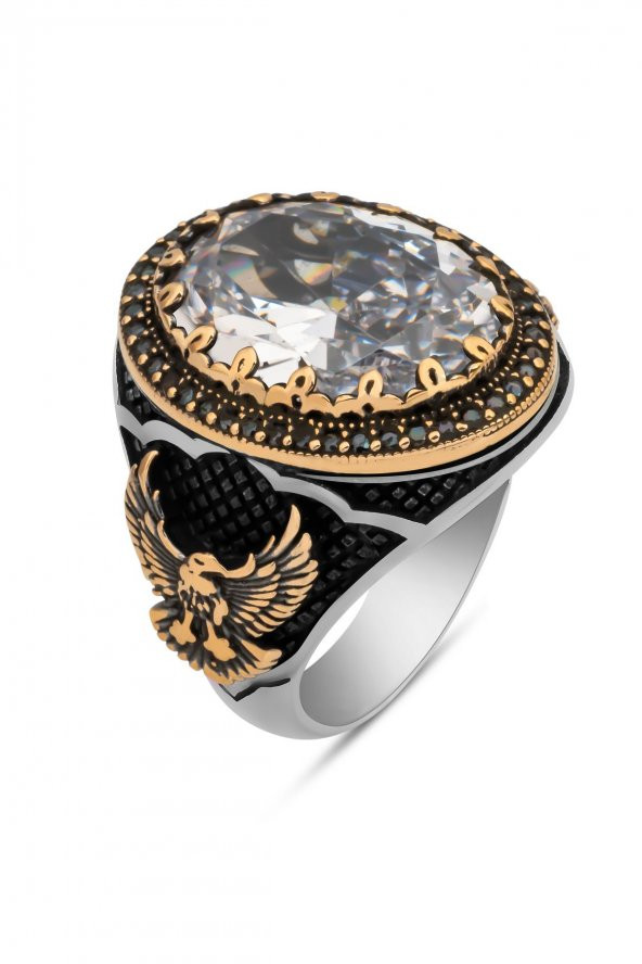 Kartal Motifli Zirkon Beyaz Taşlı 925 Gümüş Erkek Yüzük - Resim 3