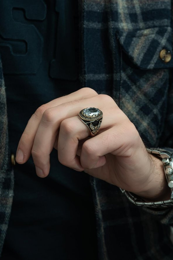 Kartal Motifli Zirkon Beyaz Taşlı 925 Gümüş Erkek Yüzük - Resim 4