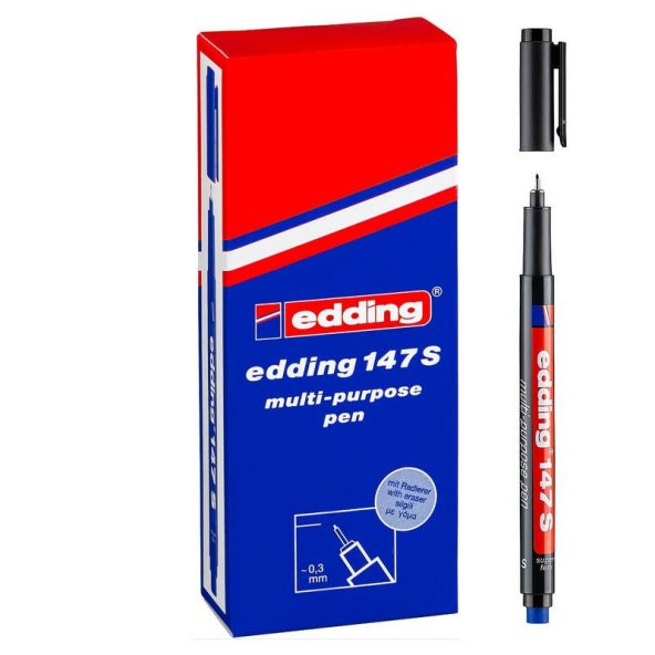 Edding 147 S Çok Amaçlı Permanent Kalem (Silgili Asetat Kalemi) SİYAH 10lu Kutu
