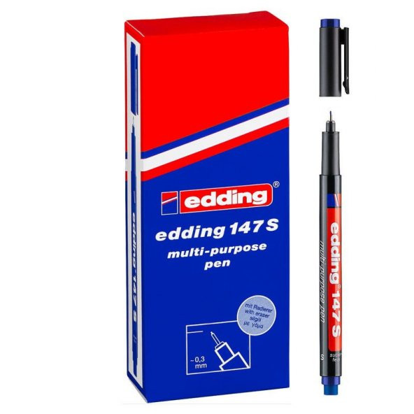 Edding 147 S Çok Amaçlı Permanent Kalem (Silgili Asetat Kalemi) MAVİ 10lu Kutu