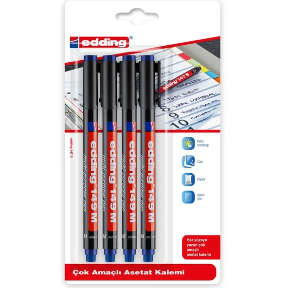 Edding 149 M Çok Amaçlı Permanent Kalem (Silgili Asetat Kalemi) 4lü MAVİ