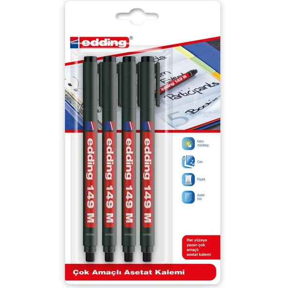 Edding 149 M Çok Amaçlı Permanent Kalem (Silgili Asetat Kalemi) 4lü SİYAH