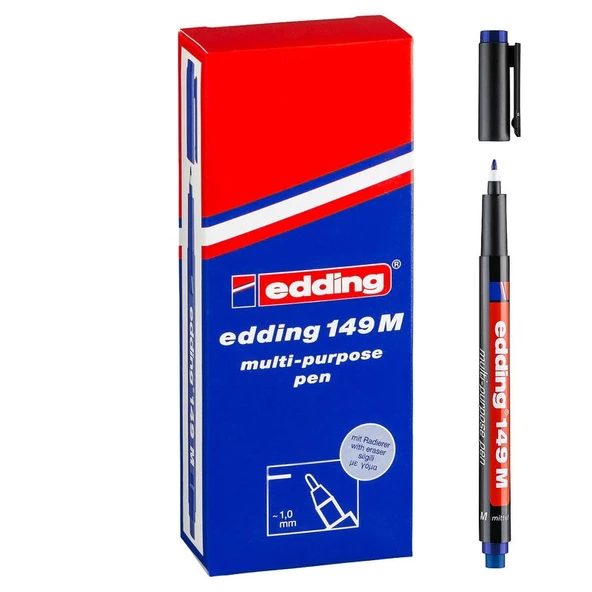 Edding 149 M Çok Amaçlı Permanent Kalem (Silgili Asetat Kalemi) MAVİ 10lu Kutu