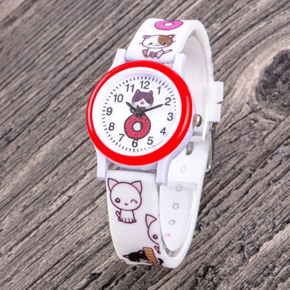 Pinkoli Çocuk Kol Saati Beyaz Renk Silikon Kordon Kedi Figürlü Rakamlı Kol Saati