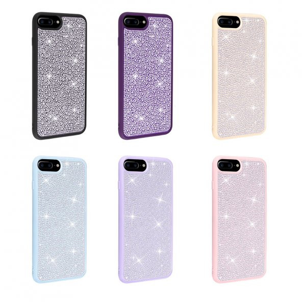 KNY Apple İphone 7 Plus Kılıf Silikon Kenarlı Taşlı Parlak Ston Silikon Pembe - 2