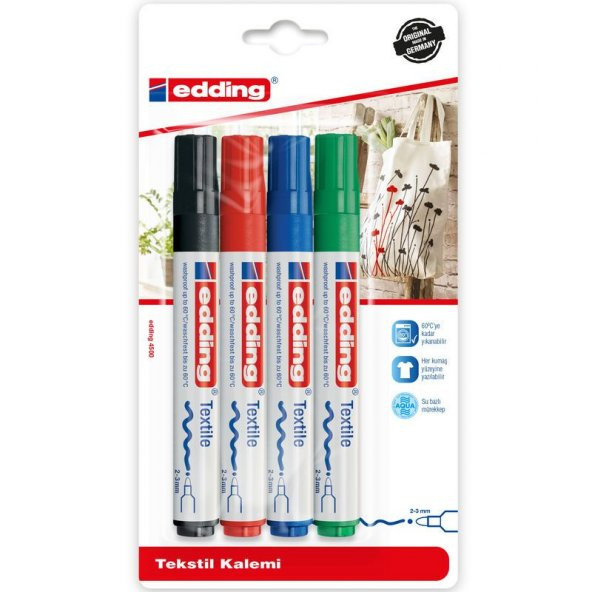 Edding 4500 Tekstil Kalemi 4lü Set (Siyah, Kırmızı, Mavi, Yeşil)