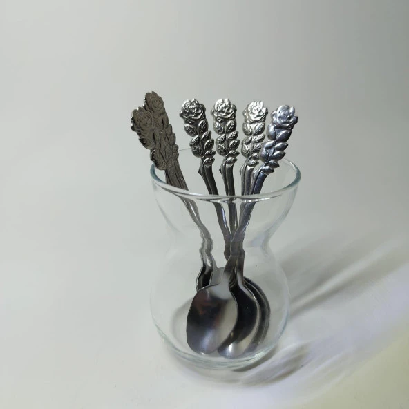Paslanmaz Dekoratif Çay Kaşığı 6 Adet Gül Saplı Çay Kaşığı 6 lı Lüx Çay Kaşığı 11 cm Çay Kaşığı - 2