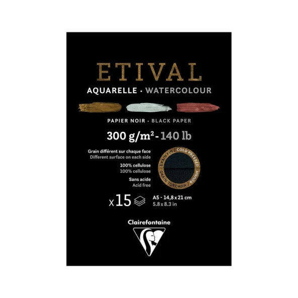 Clairefontaine Etival Siyah Suluboya Blok 300 gr. 15 Yp. A5