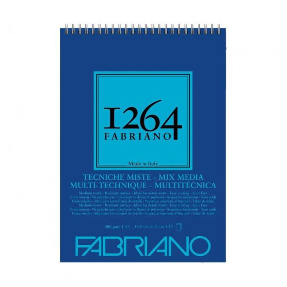 Fabriano 1264 Mix Media Çok Amaçlı Defter 300 gr A5 15 yp Üstten Spiralli