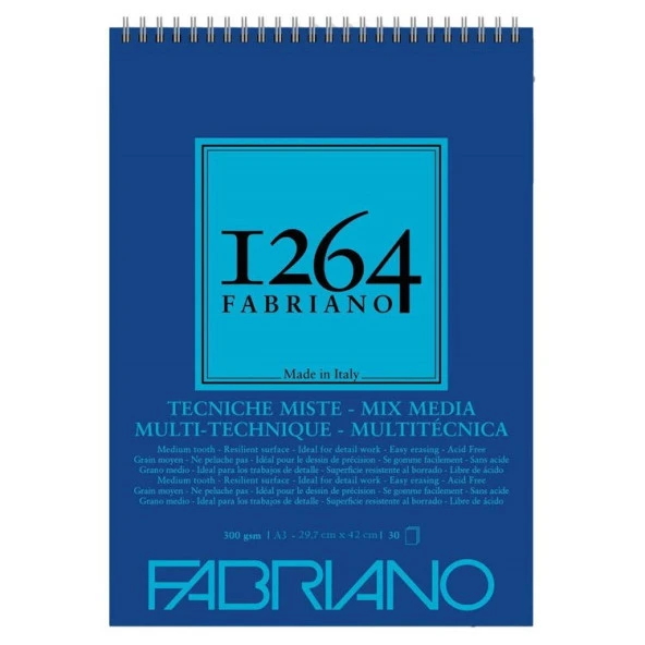 Fabriano 1264 Mix Media Çok Amaçlı Defter 300 gr A3 30 yp Üstten Spiralli