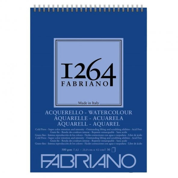 Fabriano 1264 Watercolour Suluboya Defteri 300 gr A3 30 yp Üstten Spiralli