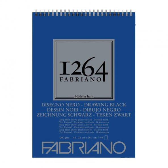 Fabriano 1264 Drawing Black Çok Amaçlı Siyah Defter 200 gr A4 40 yp Üstten Spiralli