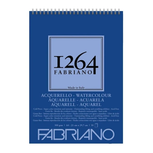 Fabriano 1264 Watercolour Suluboya Defteri 300 gr A4 30 yp Üstten Spiralli