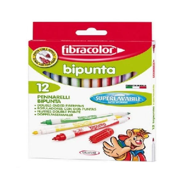 Fibracolor Bipunta Kalın+İnce Çift Uçlu Keçeli Kalem 12 Renk