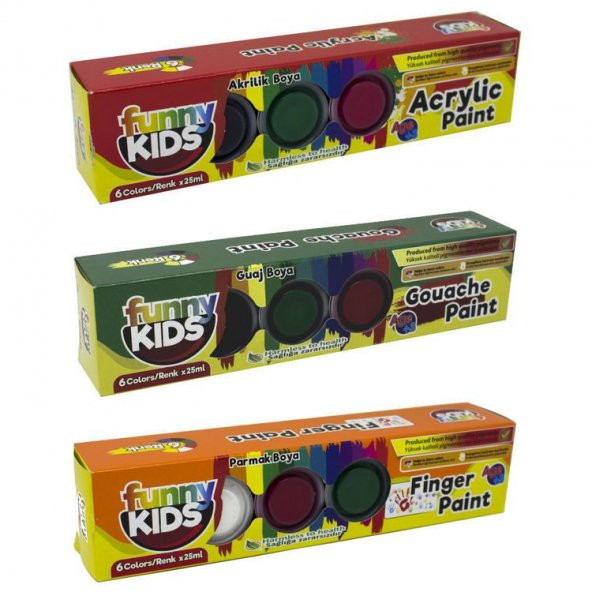 Funny Kids 18x25 ml. Boya Seti (6 Akrilik, 6 Guaj, 6 Parmak)