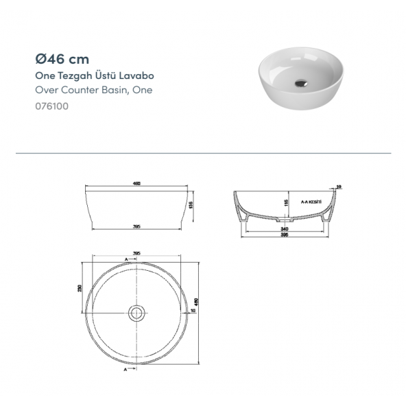 TURKUAZ Turkuaz Cerastyle One Lavabo 46 Cm Yuvarlak Çanak Tezgah Üstü - 3