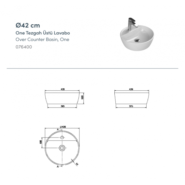 Turkuaz One 42 cm Oval Delikli Tezgah Üstü Lavabo - 3