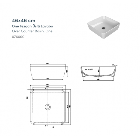 Turkuaz One 46x46 cm Deliksiz Kare Tezgah Üstü Lavabo - 3