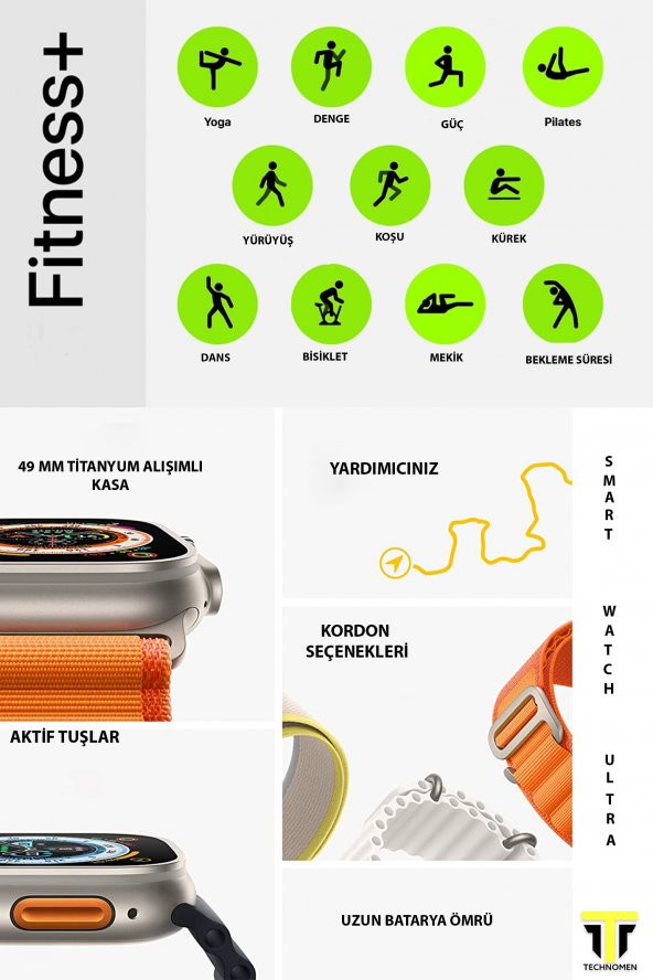TECHNOMEN Akıllı saat Y60 Ultra Plus Bluetooth Kulaklık 7 Kordon Kasa Koruma Kırılmaz cam HEDİYELİ Smart Watch - 2