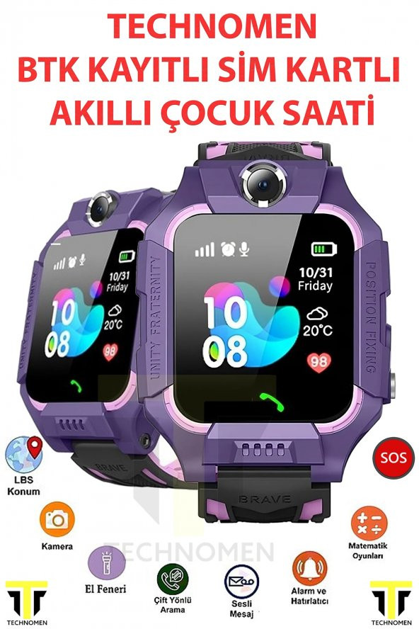 TECHNOMEN Çocuk Konum Takipli Btk Kayıtlı Sim Kart Girişli Lbs Ve Sos Özellikli Akıllı Saat