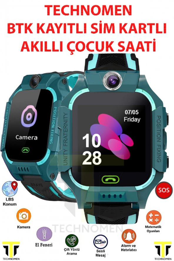 TECHNOMEN Çocuk Konum Takipli BTK Kayıtlı Sim Kart Girişli Lbs Ve Sos Özellikli Akıllı Saat