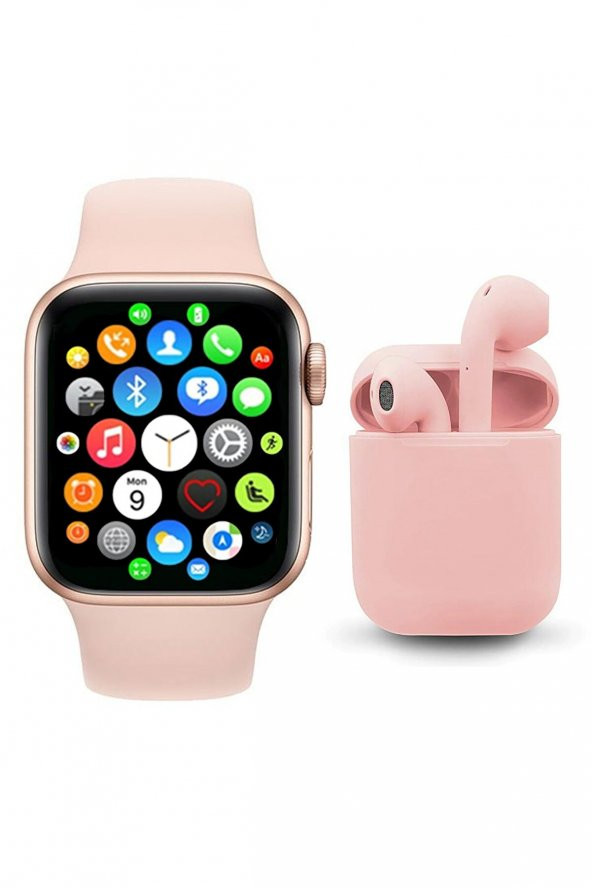 TECHNOMEN Akıllı Saat T500 Plus + AirPods Kablosuz Kulaklık İkili Pembe Set Ios Android Uyumlu Smartwatch.