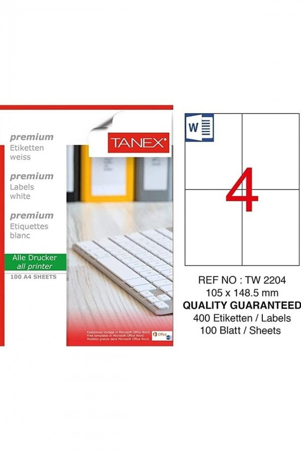 Tanex Bilgisayar Etiketi Tw-2204 105x148,50 Mm 100 Lü Lazer Etiket 1 Paket Davetiye Kargo Etiketi