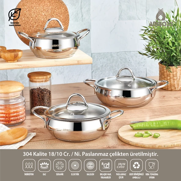 Amboss Stone 6 Parça Paslanmaz Çelik İndüksiyon Tabanlı Sahan Set