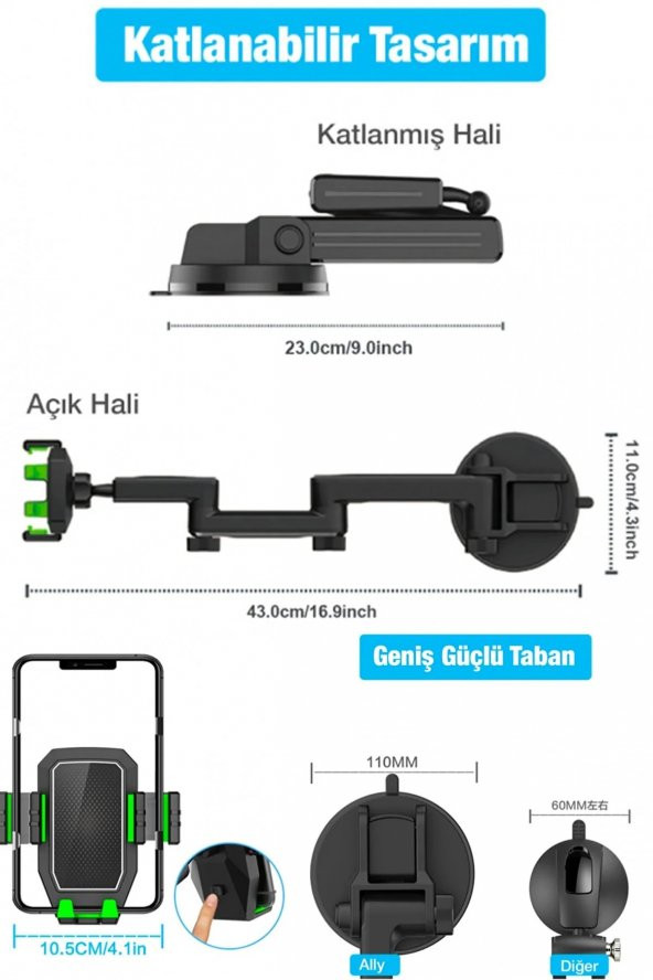 Vantuzlu Araç İçi Telefon Tutacağı Ön Cam 43 cm Uzun Kol Ağır Vasıta Kamyon Tır Otobüs Minibüs - 2