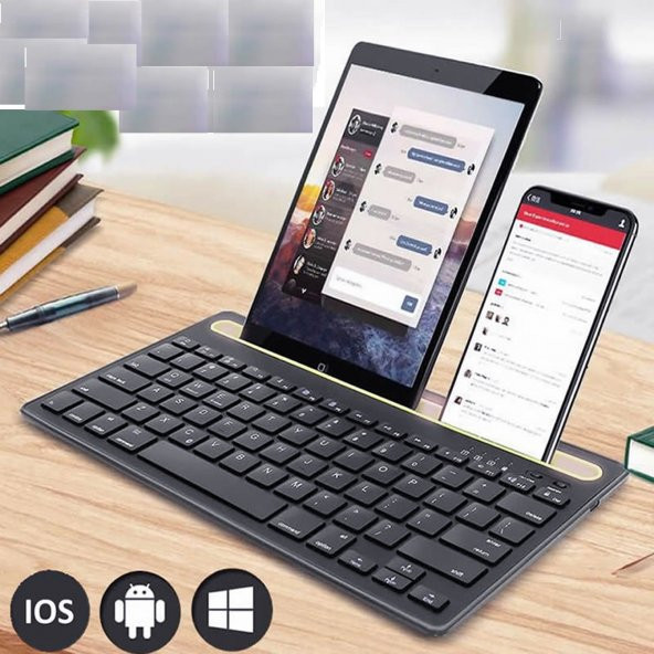 Tüm Cihazlara Uyumlu Klavye  Kablosuz Bluetooth Tablet Telefon Standlı Şarjlı Taşınabilir Klavye