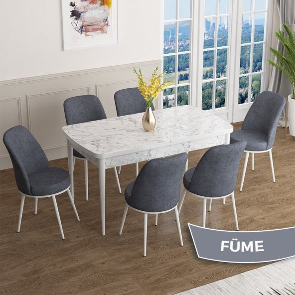 Han Serisi 70x114 Açılabilir MDF Beyaz Mermer Desen Mutfak Masası Takımı 6 Sandalye - 2