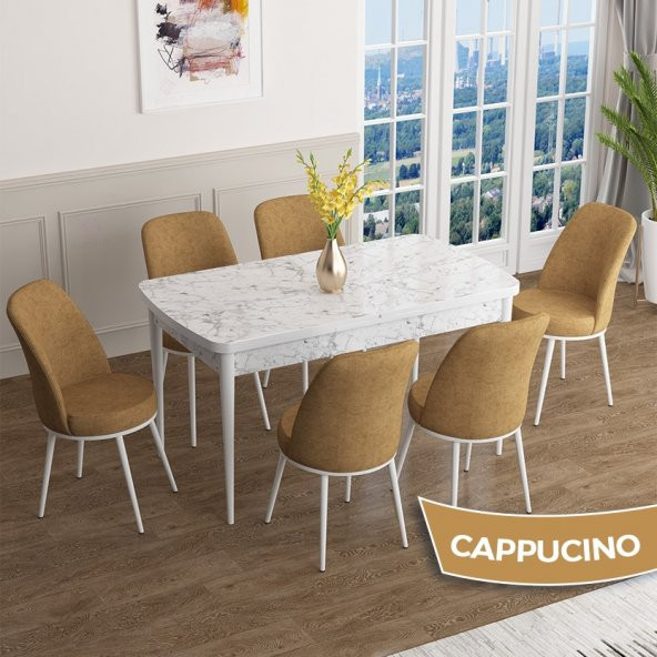 Han Serisi 70x114 Açılabilir MDF Beyaz Mermer Desen Mutfak Masası Takımı 6 Sandalye - 4