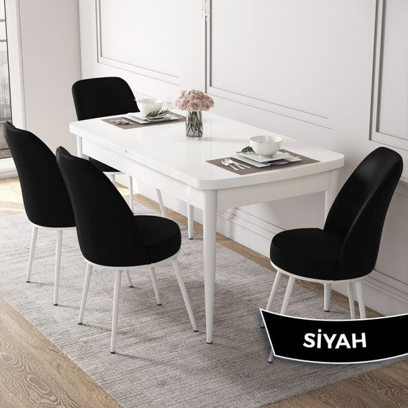 Via Serisi Beyaz Açılabilir 80x132 Mutfak Masa Takımı 4 Adet Sandalye