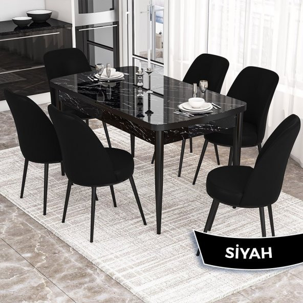 Via Serisi Siyah Mermer Desen 80x132 Açılabilir Mutfak Masası Takımı 6 Adet Sandalye