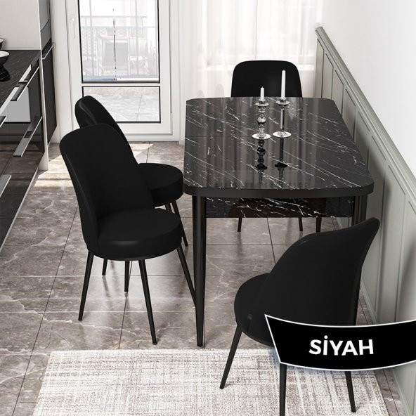 Via Serisi Siyah Mermer Desen 80x132 Açılabilir Mutfak Masası Takımı 4 Adet Sandalye
