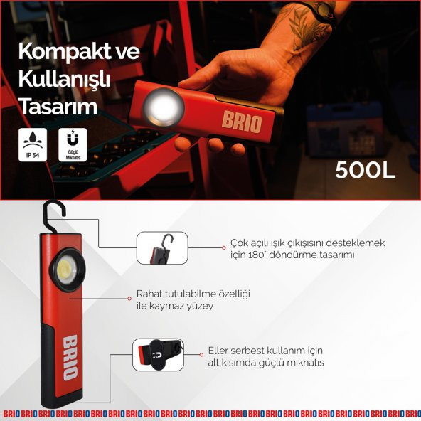 Brio Usb Şarjlı, Mıknatıslı, Askılı, Led Fener, Led Lamba 500 Lümen Tamirci Feneri - 3