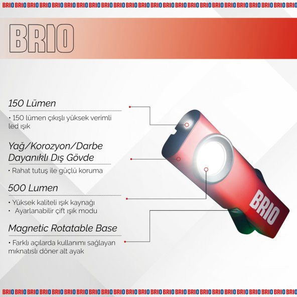 Brio Usb Şarjlı, Mıknatıslı, Askılı, Led Fener, Led Lamba 500 Lümen Tamirci Feneri - 4