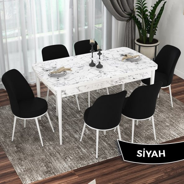 Via Serisi Beyaz Mermer Desen Açılabilir 80x132 Mutfak Masası Takımı 6 Adet Sandalye