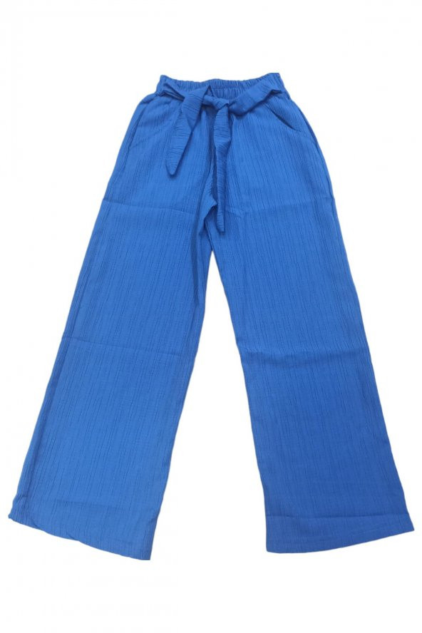Kız Çocuk Cepli Beli Lastikli Kuşaklı Bol Paça Oversize Mavi Pantolon