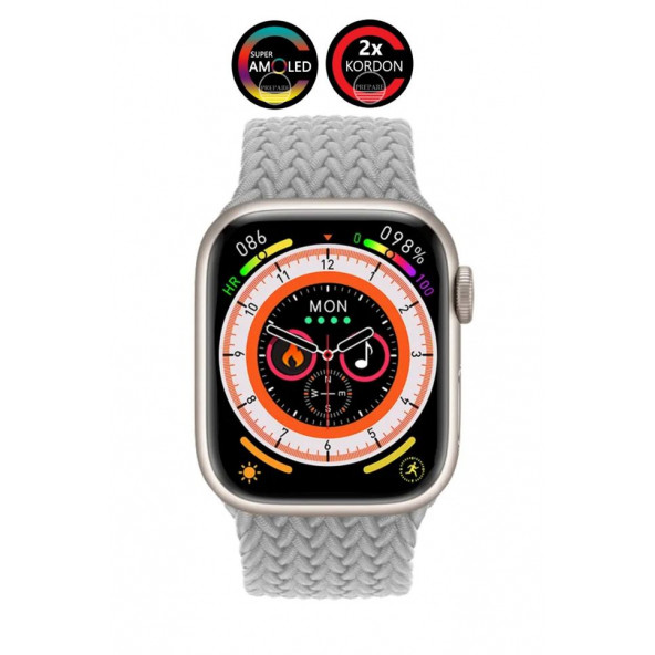 Watch 8 Pro Amoled 45mm 1,9 inç Ekran PR-9HK Pusulalı Vidalı Kilitli 2 Kordonlu Akıllı Saat