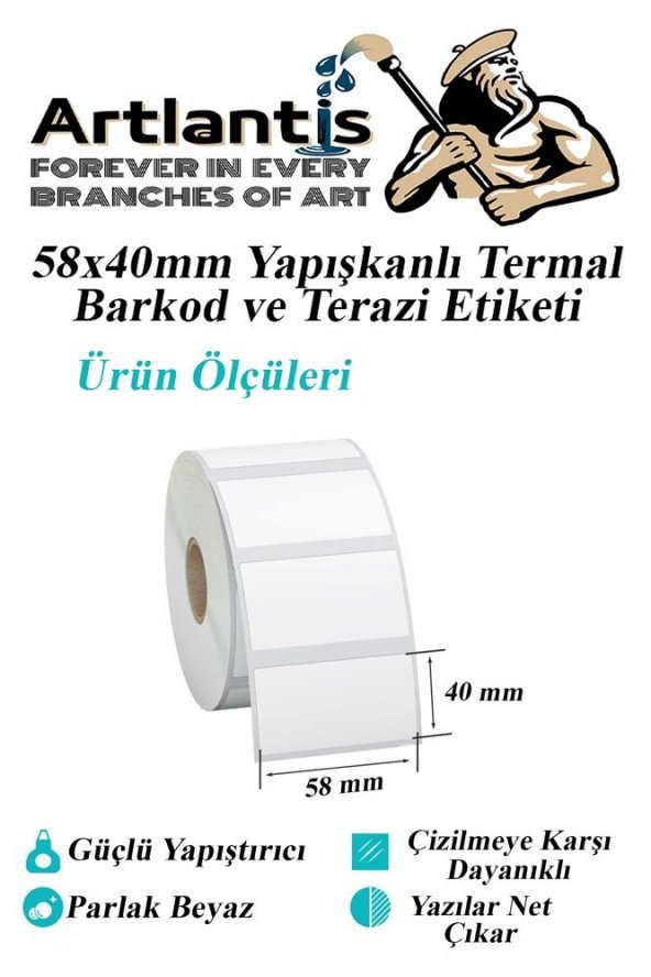 58X40 mm Barkod Etiketi Yapışkanlı 1 Adet Termal Barkot ve Terazi Etiketi 500 lü Barkod Yazıcılarına Uyumlu - 2