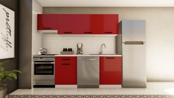 Visas Concept 240 Cm Neşe Hazır Mutfak Dolabı Aspiratör Modüllü Parlak Kırmızı(TEZGAH DAHİL)