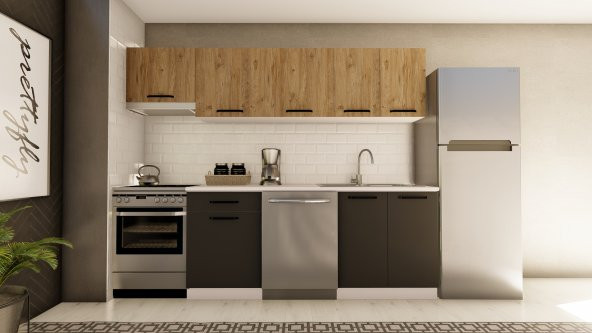 Visas Concept 260 Cm Irmak Hazır Mutfak Dolabı Aspiratör Modüllü Atlantik Çam Ve Antrasit(TEZGAH DAHİL)