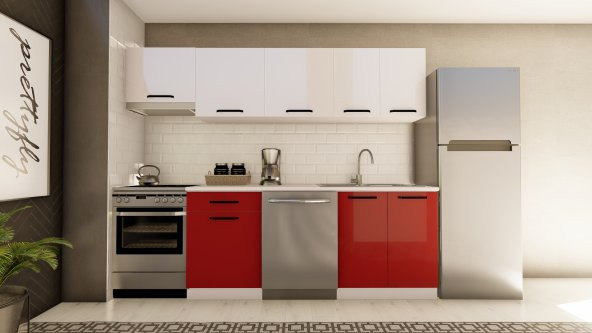 Visas Concept 260 Cm Kevser Hazır Mutfak Dolabı Aspiratör Modüllü Parlak Beyaz Ve Kırmızı(TEZGAH DAHİL)