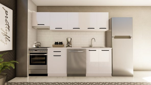 Visas Concept 260 Cm İclal Hazır Mutfak Dolabı Aspiratör Modüllü Parlak Beyaz(TEZGAH DAHİL)