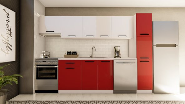 Visas Concept 300 Cm Esra Hazır Mutfak Dolabı Aspiratör Ve Kiler Modüllü Parlak Beyaz Ve Kırmızı (TEZGAH DAHİL)