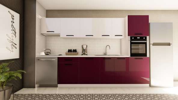 Visas Concept 320 cm Didem Hazır Mutfak Dolabı Aspiratör ve Ankastre Kiler Modüllü Parlak Beyaz ve Mürdüm