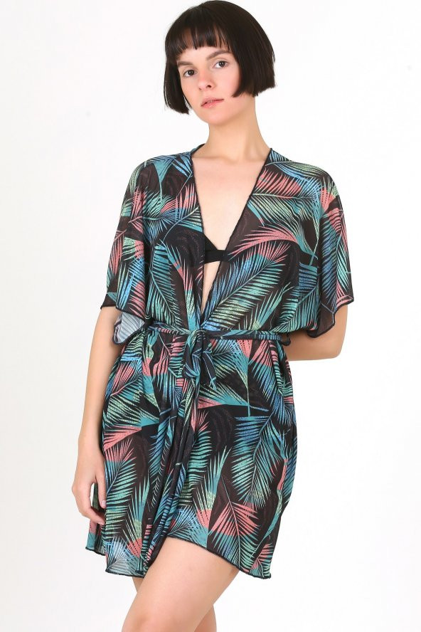 Pareo Plaj Elbisesi Kimono Std Leaf Siyah - 2