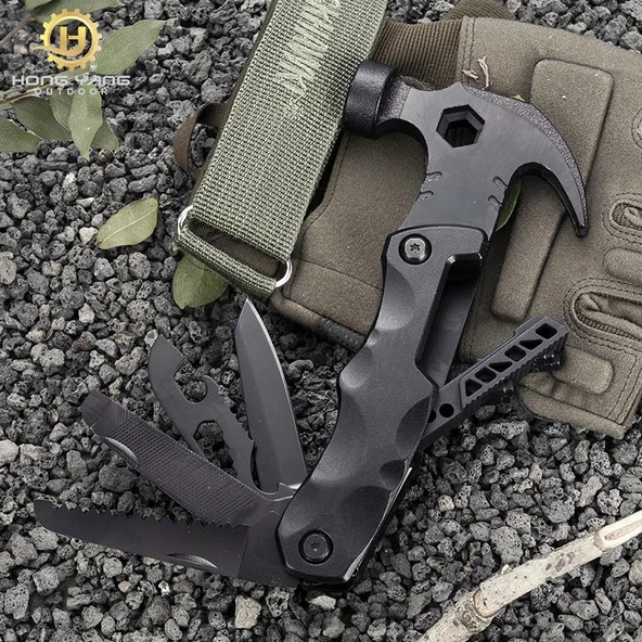 Valkyrie Çok Fonksiyonlu Çekiç Çakı Çantalı Kamp Outdoor Testere Tornavida Seti Siyah - 4